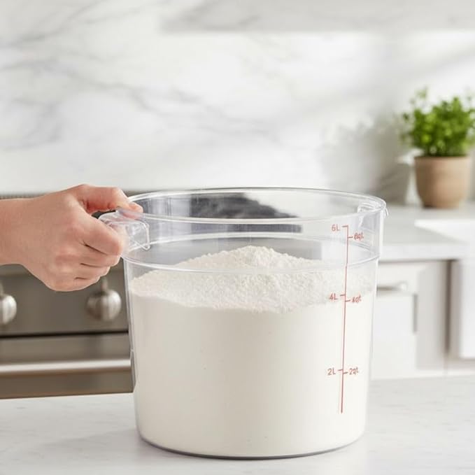Soro Essentials- 6 qt. Polycarbonate Round Food Storage Container with Graduated Markings Clear Color- Stackable Storage Bin Food Container with Handle for Pantry Organizer Storage Kitchen Fridge