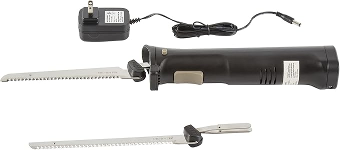 Restaurantware-Kitchen Tek Electric Knife Set, 1 Electric Knife With Motorized Handle - Includes 1 Bread And 1 Carving Tool, Ergonomic, Black Plastic Food Cutter With Stainless Steel Blades