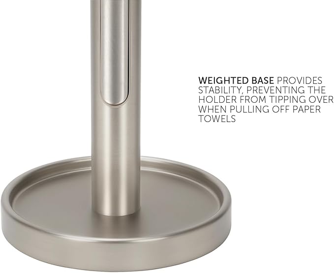 Ivilon Countertop Paper Towel Holder - Weighted Heavy Duty Steel Stand with Non-Slip Base for a Steady One-Handed One Sheet Tear - Fits All Rolls - Brushed Nickel