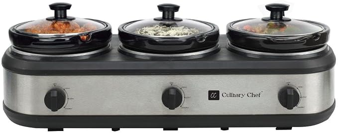 CULINARY CHEF, Triple Slow Cooker, Buffet Server 2.5qt x 3 Pot, Food Warmer – Stainless