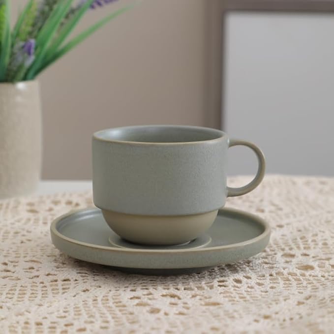 Little minimalist ceramic pottery tea cup with saucer, espresso cup | Matte Grey,Durable,Microwave and dishwasher safe, stoneware demitasse cup for lungo,cortado,Matcha, Americano