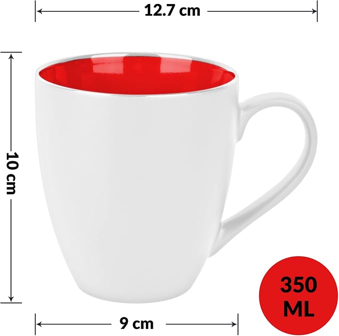 MIAMIO - Set of 6 Coffee Mugs 12 ounce – Modern Ceramic Coffee Cup Set in White Red – Large Coffee Cups for Coffee, Tea and Cappuccino – Dishwasher and Microwave Safe