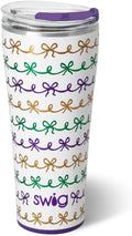 Swig Life 32oz Insulated Tumbler, Travel Coffee Tumbler with Lid, Cup Holder Friendly Travel Coffee Mug, Stainless Steel, 32 oz, Reusable Insulated Mug with Lid (Mardi Gras Bows)