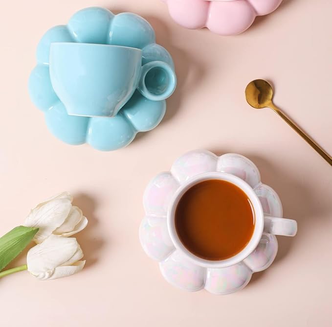 ARISKEY 10oz Coffee Mug for Women,Cute Tea Cup and Saucer Set with Spoon,Perfect for Latte and Milk, A Warm Choice for Mother's Love,Pearl White