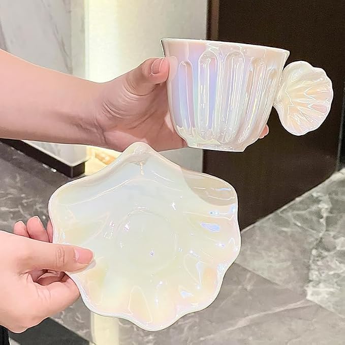 Pearl Shell Ceramic Coffee Mug with Shell Coaster Set for Tea Latte Milk Cute Cup with Saucer for Home Office Women Gift 6.5 oz (white S, 270 ml)