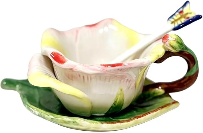 Ceramic Tea Cup and Saucer Set ，6OZ 3D Hand-Painted Flower and Lotus Leaf Coffee Mug，Gift for Women- Champagne Rose