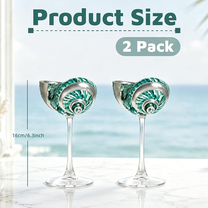 LYFJMUS 2 Pcs Seashell Wine Glasses Wedding Wine Glasses Conch Cup Martini Cocktail Glass Cup for Birthday Wedding Beach Bridesmaids Anniversary Party (Green+White, 6.3inch)