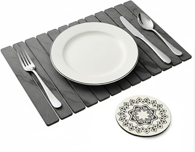 Large Stone Dish Drying Mat 17"x14"x2", Diatomaceous Earth Absorbent Coaster 4"x 4", Foldable Stone Dish Drying Mat, Quick Dry Stone Mat Kitchen - Modern Design Dark Gray