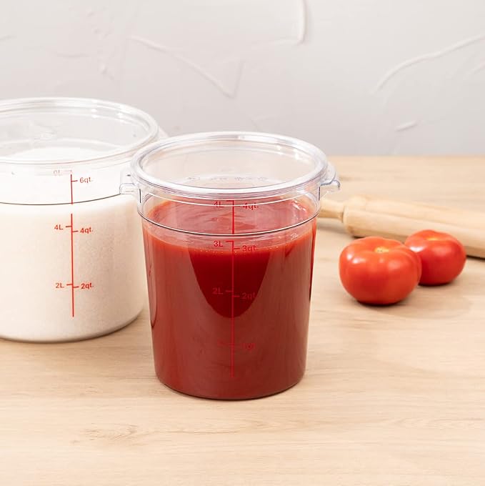 Met Lux 4 Quart Food Storage Container, 1 Round Commercial Storage Container - Lid Sold Separately, With Volume Markers, Clear Plastic Food Prep Bucket, Space-Saving Storage
