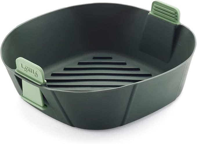 Lékué Air Fryer Basket - Large - 100% Platinum Silicone Baking Pan for Air Frying, Fits in Draw Tray, Flexible Corners, Pull-up Handles for Easy Removal, Flat Bottom with Drainage Grooves