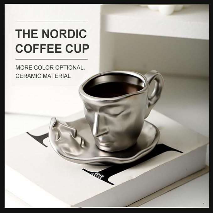 Abstract art teacup kissing lover stereo face sculpture coffee cup, 260ml ceramic coffee cup saucer(8.8oz)