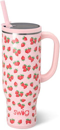 Swig Life 30oz Mega Mug, 30oz Tumbler with Handle and Straw, Large Insulated Tumblers, Cup Holder Friendly Travel Mug, Stainless Steel 30 oz Tumbler, Reusable Insulated Bottle (Strawberry Shortcake)