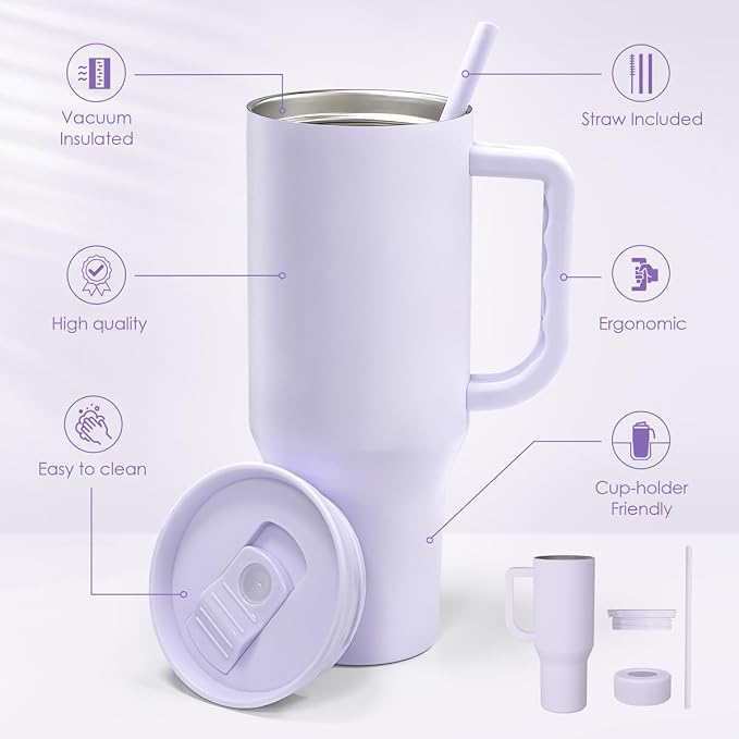 SANDJEST Purple 40oz Tumbler with Handle and Straw, Insulated Stainless Steel Travel Coffee Mug for Women Girls, Gift Idea for Birthday Christmas Mothers Day