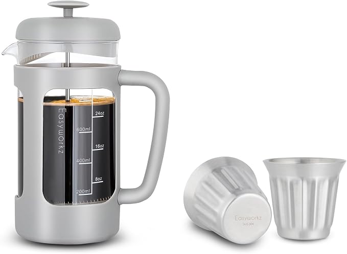 Easyworkz French Press 34 oz Coffee Tea Maker Bundled with Stainless Steel Double-Wall Espresso Cups