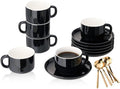 8oz Cappuccino Cups Set of 6, Tea Cups with Saucers and Spoons, Black Ceramic Tea Cups Set Coffee Mugs for Tea Cappuccino Espresso Latte Mocha Au Lait Macchiato Cafe