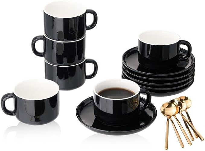 8oz Cappuccino Cups Set of 6, Tea Cups with Saucers and Spoons, Black Ceramic Tea Cups Set Coffee Mugs for Tea Cappuccino Espresso Latte Mocha Au Lait Macchiato Cafe