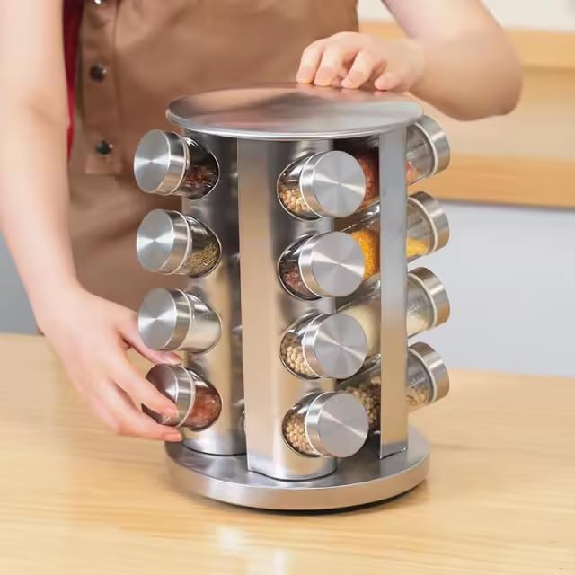 360° Rotating Spice Rack with 16 Glass Jars – Stainless Steel Countertop Seasoning Organizer with Airtight Lids, Labels, Funnel & Gift Box – Kitchen Storage for Herbs & Spices
