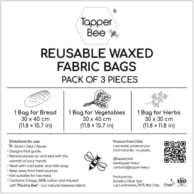 Reusable Beeswax Bags Set of 3 – Keep Food Fresh Longer, Reduce Food Waste, Eco-Friendly, BPA Free Storage