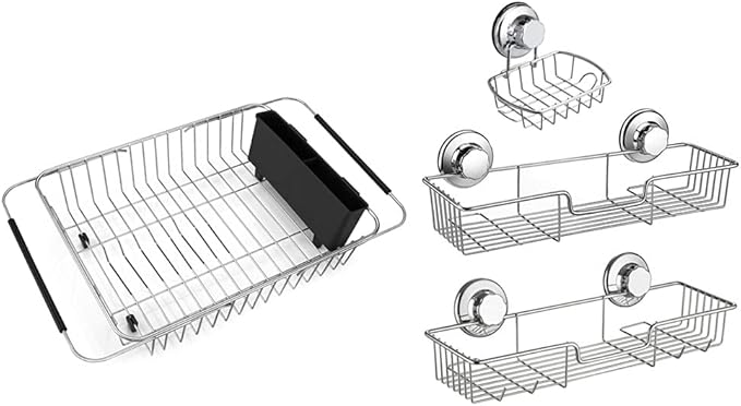 SANNO Expandable Dish Drying Rack Over The Sink Dish Drainer Suction Cups Shower Caddy Soap Dish Holder