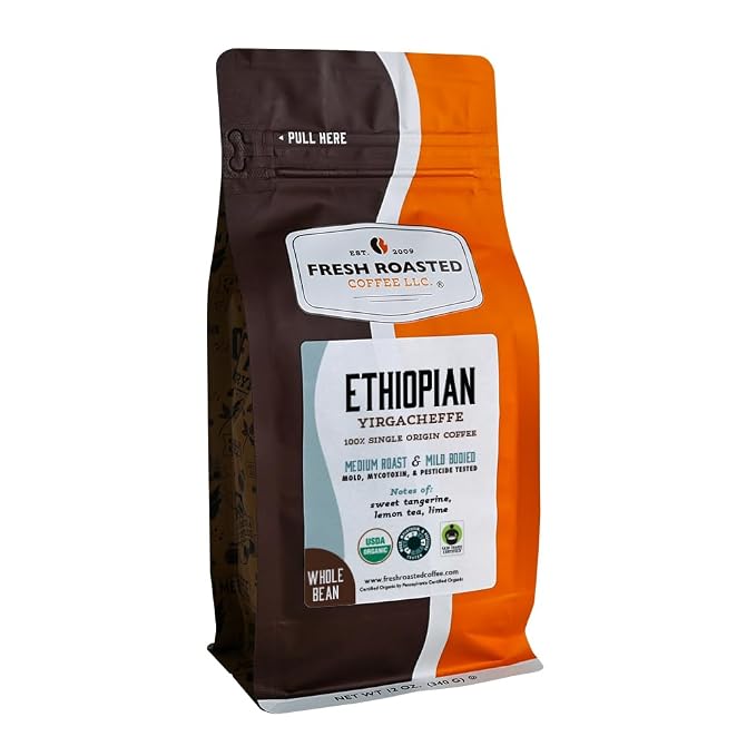 Fresh Roasted Coffee, Organic Ethiopian Yirgacheffe Whole Bean Coffee, Light Roast, USDA Organic, 3rd Party Tested for Mold, Mycotoxin & Pesticides, Kosher, 12 oz