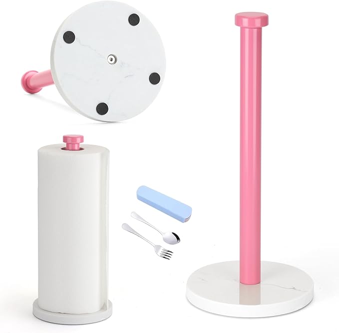 Standing Paper Towel Holder, Kitchen Paper Towel Roll Holder- for Bathroom Kitchen Countertop with Weighted Marble Base for One-Handed Operation (Pink), Pink Paper Towel Holder