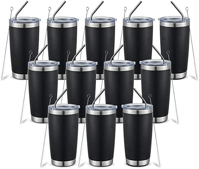 20oz insulted tumblers stainless steel cup Tumbler Bulk with push Lid, and metal straw powder coated coffee cup for cold and hot drinking (12, black)