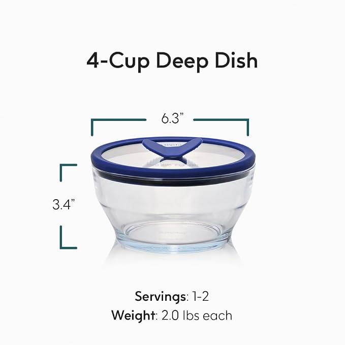 Anyday 4-Cup Glass Food Storage with Glass Lid, Round Deep Dish | Plastic-Free Meal Prep & Microwave Cookware | Stackable Airtight Storage Container with Vented Lid for Microwave-Safe Reheating