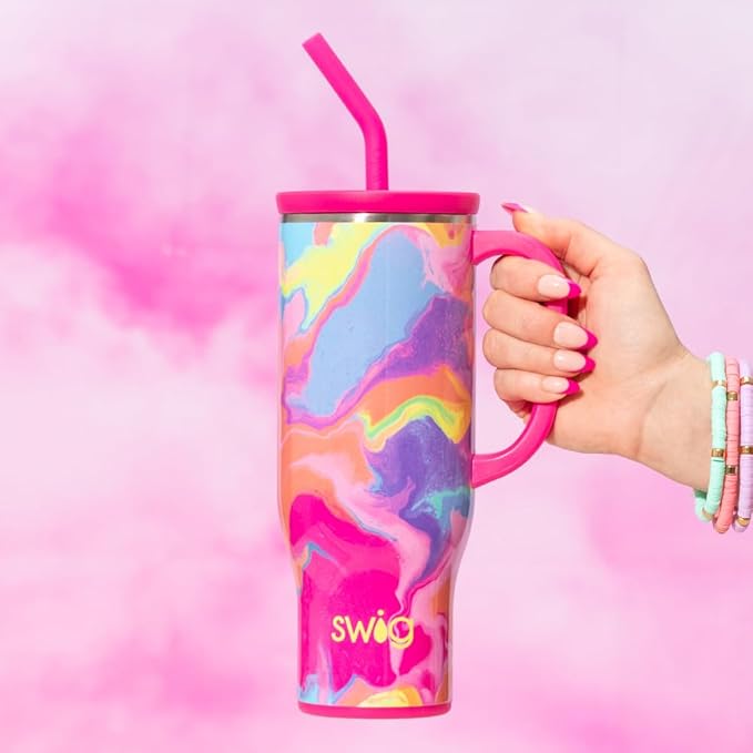 Swig Life 30oz Mega Mug, 30oz Tumbler with Handle and Straw, Large Insulated Tumblers, Cup Holder Friendly Travel Mug, Stainless Steel 30 oz Tumbler, Reusable Insulated Water Bottle (Candy Crush)