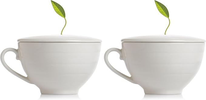 Tea Forte Cafe Cup White Porcelain Tea Cup and Lid, Steeps 8 oz., Microwave and Dishwasher Safe (Pack of 2)