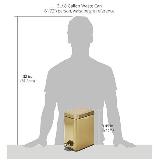 mDesign Slim Metal Rectangle 0.8 Gallon Trash Can with Step Pedal, Easy-Close Lid, Removable Liner - Narrow Wastebasket Garbage Container Bin for Bathroom, Bedroom, Kitchen, Office - Soft Brass