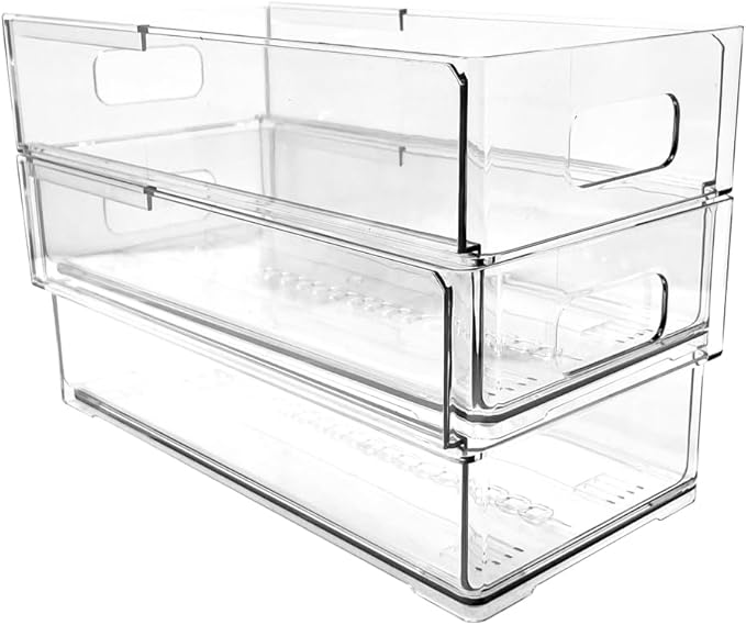 Isaac Jacobs 2-Pack Clear Expandable Storage Bins - Small, 11"-19" L x 5.8" W x 4.8" H, Plastic Organizer with Cut-Out Handles, Adjustable Length from 11-19" for Home, Kitchen & Office