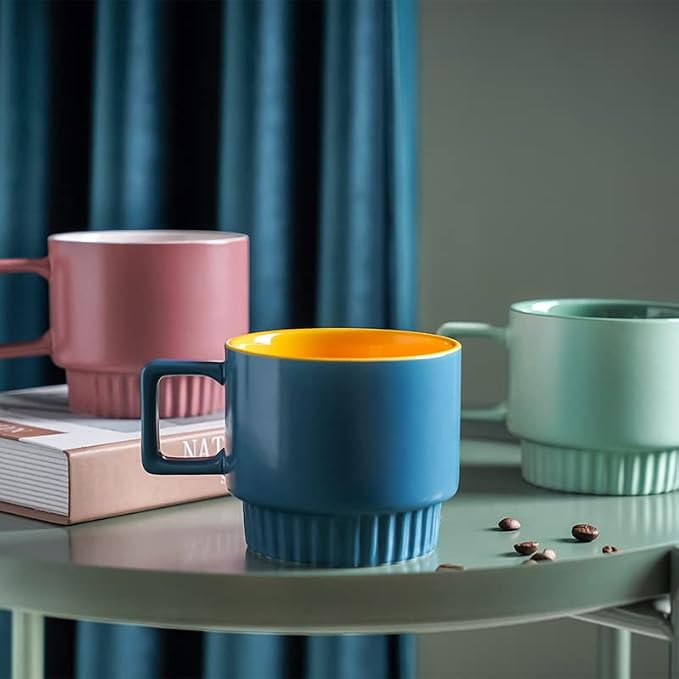 12OZ Stackable Coffee Mugs Set, Ceramic Coffee Cups with morandi color for Au Lait, Cappuccino,Latte,Cafe,Mocha,Tea, Suit Party Housewarming Wedding, Set of 3, Dishwasher&Microwave Safe(1)