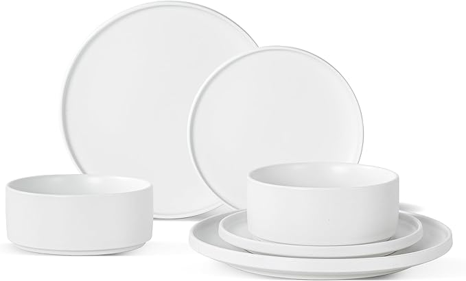 6 Piece Ceramic Plates and Bowls Sets for 2, Modern White | Stoneware Dinnerware Set, Dishwasher & Microwave Safe, Handcrafted, Perfect for Family and Gatherings