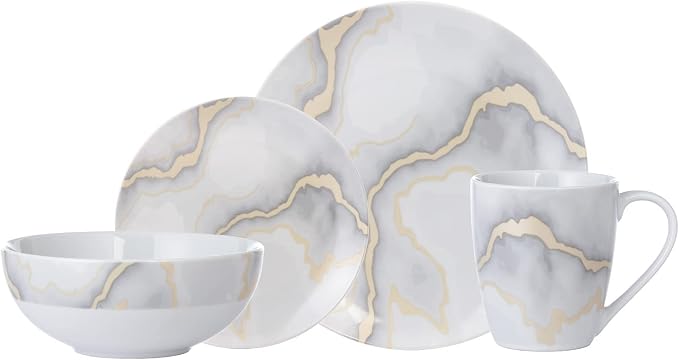 Safdie & Co. Electric Marble 16 Piece Dinnerware Set, Service for 4, Fiesta Dinnerware, home trends and home food network essentials, Porcelain dinner plates, 16" L x 12" W x 15" H