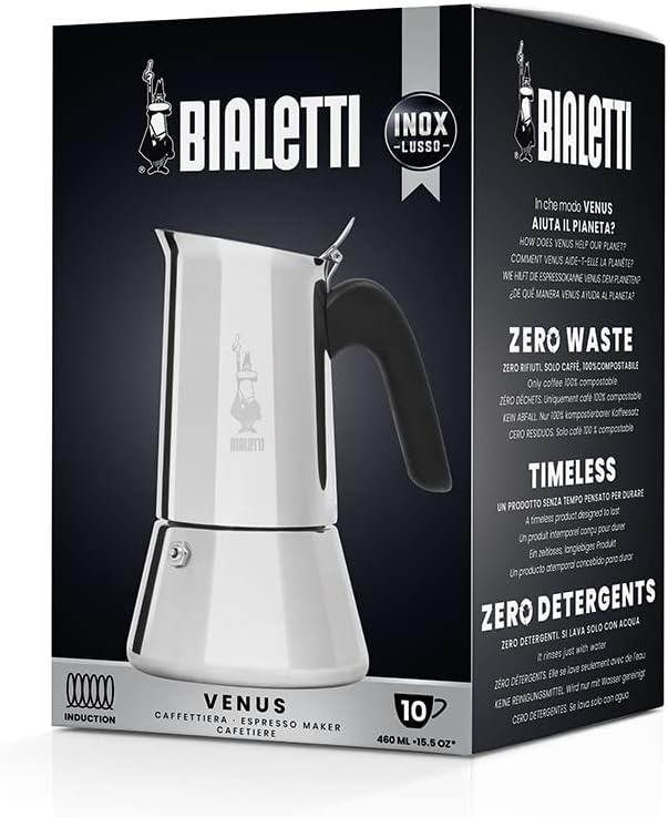 Bialetti New Venus Induction Stovetop Espresso Maker – Stainless Steel Espresso Coffee Maker for All Cooktops, Including Induction, 10 Espresso Cups (15.5 oz), Silver