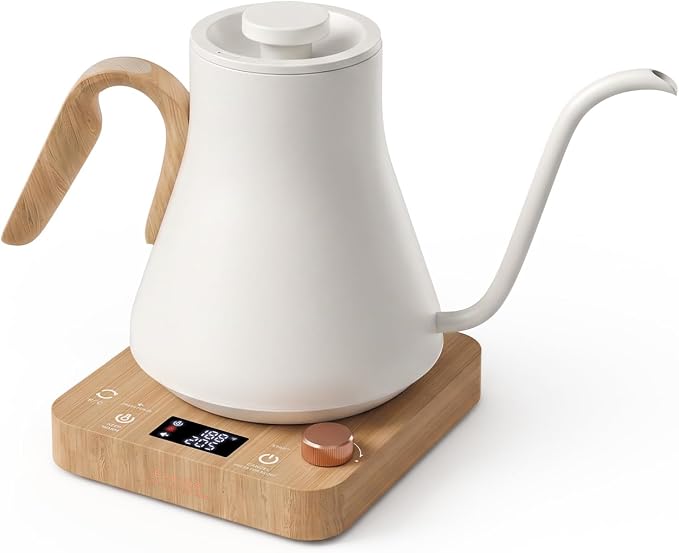 Epeios Electric Kettle, Gooseneck Electric Kettle with ±1°F Temperature Control, 1200W Rapid Heating for Pour Over Coffee & Tea, 304 Stainless Steel Interior, Auto Shut-Off, 0.9L, White Walnut