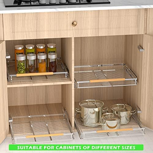 Expandable Pull Out Drawer Cabinet Organizers, Heavy Duty Slide Out Storage Shelf for Home Kitchen Pantry Cupboard Pots Pans, Adjustable Width from 17.2"~28.1", Stainless Steel 2 Pack