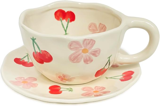 Noviko Cute Mug Flower Teacup and Saucers Set for Mom 8 oz