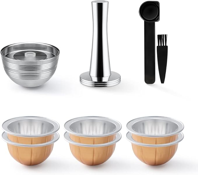 BENFUCHEN Stainless Steel Reusable Vertuo Capsule Compatible With VERTUO NEXT+EMPTY Refillable Alumium-VERTUO-Pods-80+150+230ml Each 2 Pcs +Coffee Tamper ForNespressoVertuoNext Reusable Pods