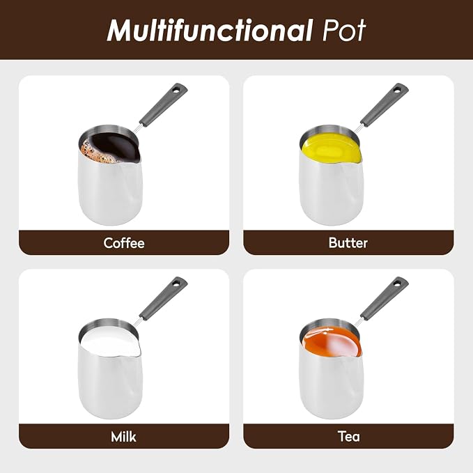 Turkish Coffee Pot 12oz/350ml Milk Frothing Jug Tea Pot Butter Melting Pot | Stainless Steel Pot Flower Toroid Pitcher for Multiple Cups of Coffee Tea Milk Cook Water