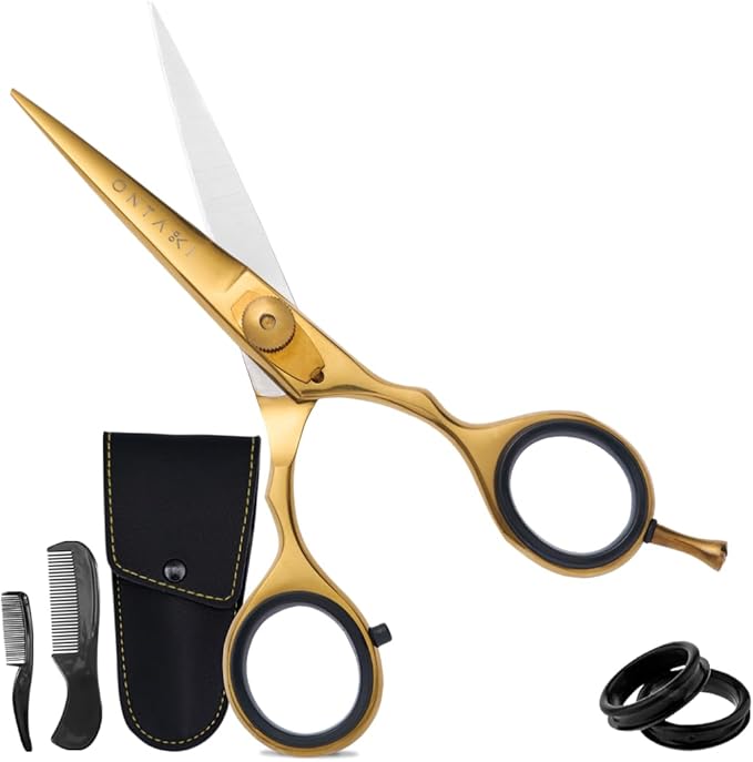 Ontaki Beard & Mustache Scissors for Men - 5.5" Japanese Steel, Gold Brass - Sharp Blades, Ergonomic Finger Rest & Adjustable Tension Screw for Perfect Hair Trimming - Beard Scissors