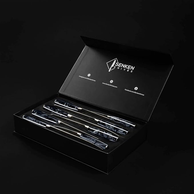 SENKEN 8-Piece Japanese Knife Set - Black Resin Handle, Laser Damascus Pattern - Onyx Collection - Chef's Knife, Cleaver, Santoku, Bread & Paring Knives