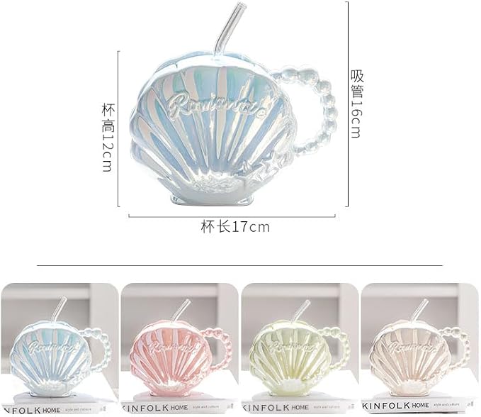 Pearl Shell Ceramic Coffee Mug for Tea Latte Milk Cute Cup for Home Office Women Gift 6.5 oz (Shell with Straw Blue, 450 ml)