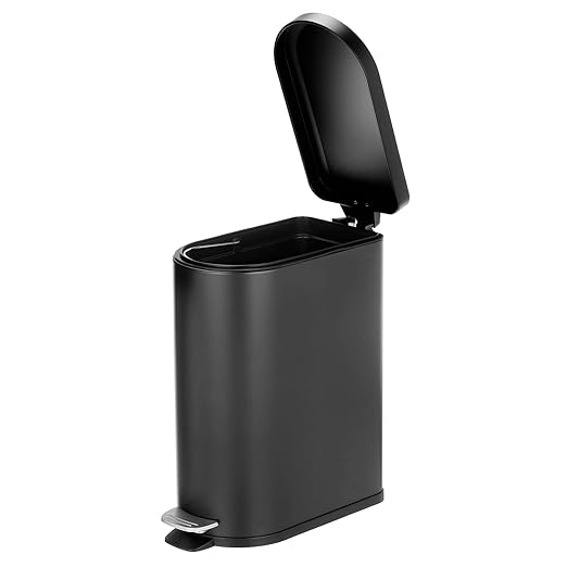 mDesign Small 2.6 Gallon/10 Liter Stainless Steel Metal Step Trash Can Garbage Bin for Bathroom, Bedroom, Home Office, D-Shape Trashcan with Foot Pedal/Lid, Removable Liner Bucket with Handles, Black