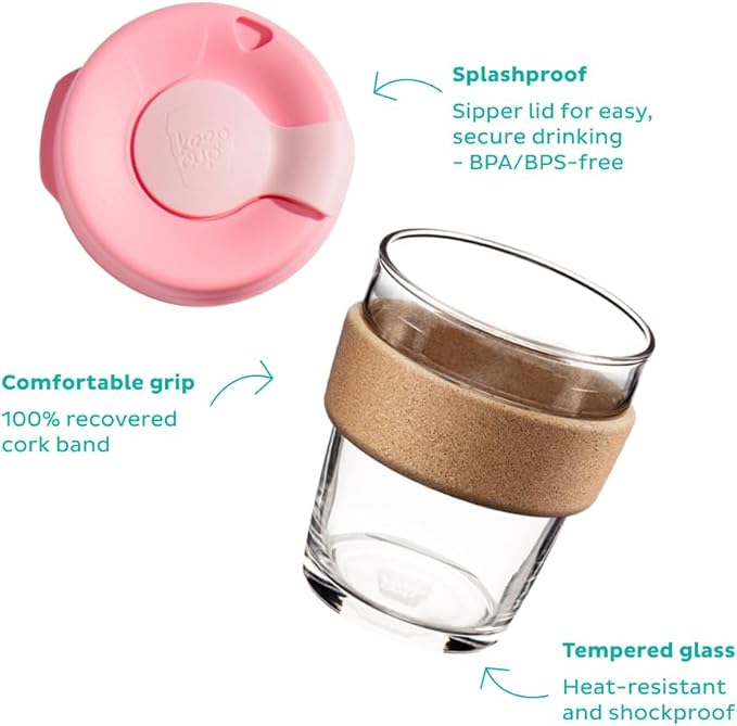 KeepCup Brew Cork - Reusable Coffee Cup Tempered Glass and Natural Cork, M 12oz/340ml - Black (Pack of 10)