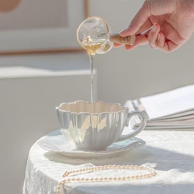 Pearl Shell Ceramic Coffee Mug with Shell Coaster Set for Tea Latte Milk Cute Cup with Saucer for Home Office Women Gift 6.5 oz (petal beige, 240 ml)