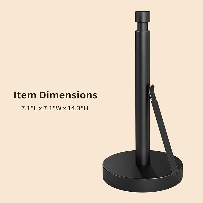 YUMORE Heavy Duty Stainless Steel Paper Towel Holder – Easy One-Handed Tear, Weighted Base Non-Slip, Tension Arm Prevents Unraveling, Countertop Paper Stand for Kitchen, Fits Most Size Rolls (Black)
