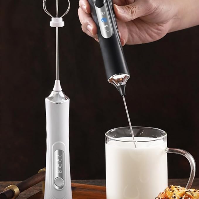 Rechargeable Milk Frother Mini Handheld Wireless Cream Whipper Stainless Steel Double-headed Replaceable 3 Speeds Type-C Charging Port for Cakes and Coffee Latte Patterns (Black)