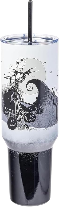 Silver Buffalo Disney Nightmare Before Christmas by Tim Burton Jack Skellington Hill and Moon Double Walled Stainless Steel Tumbler with Handle and Straw, Fits in Standard Cup Holder, 40 Ounces