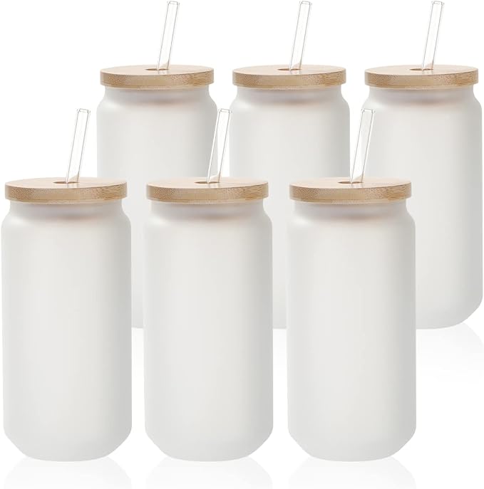 PYD Life Sublimation Glass Cans Blanks Frosted 18 OZ with Bamboo Lid and Clear Glass Straw Beer Cans Wide Mouth Jar Tumbler Cups Mugs for Iced Coffee,Juice,Soda,Drinks,Beer